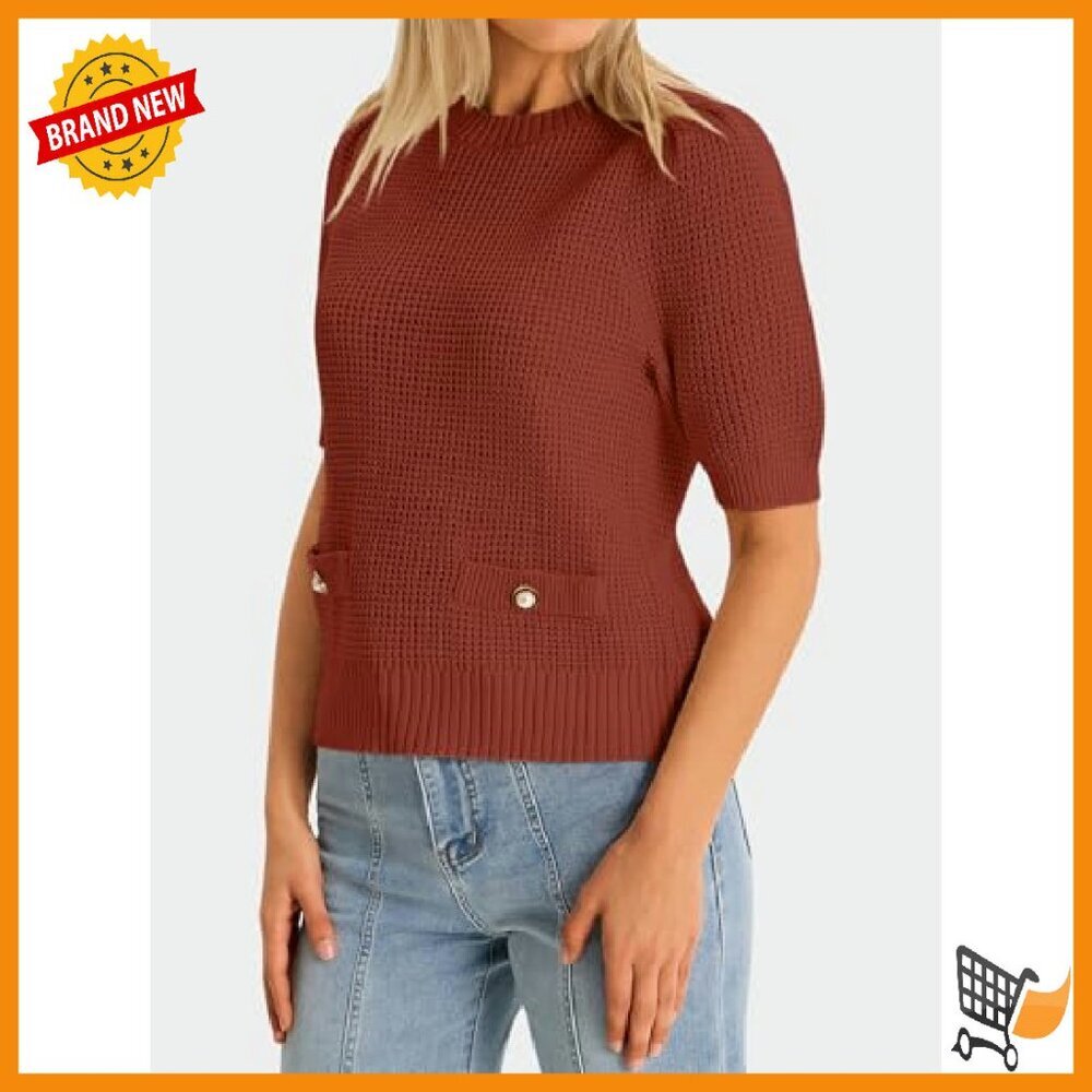 Cropped Ribbed Knit Sweater Puff Sleeves Lightweight Pullover Casual Loose Fit - Picture 4 of 8